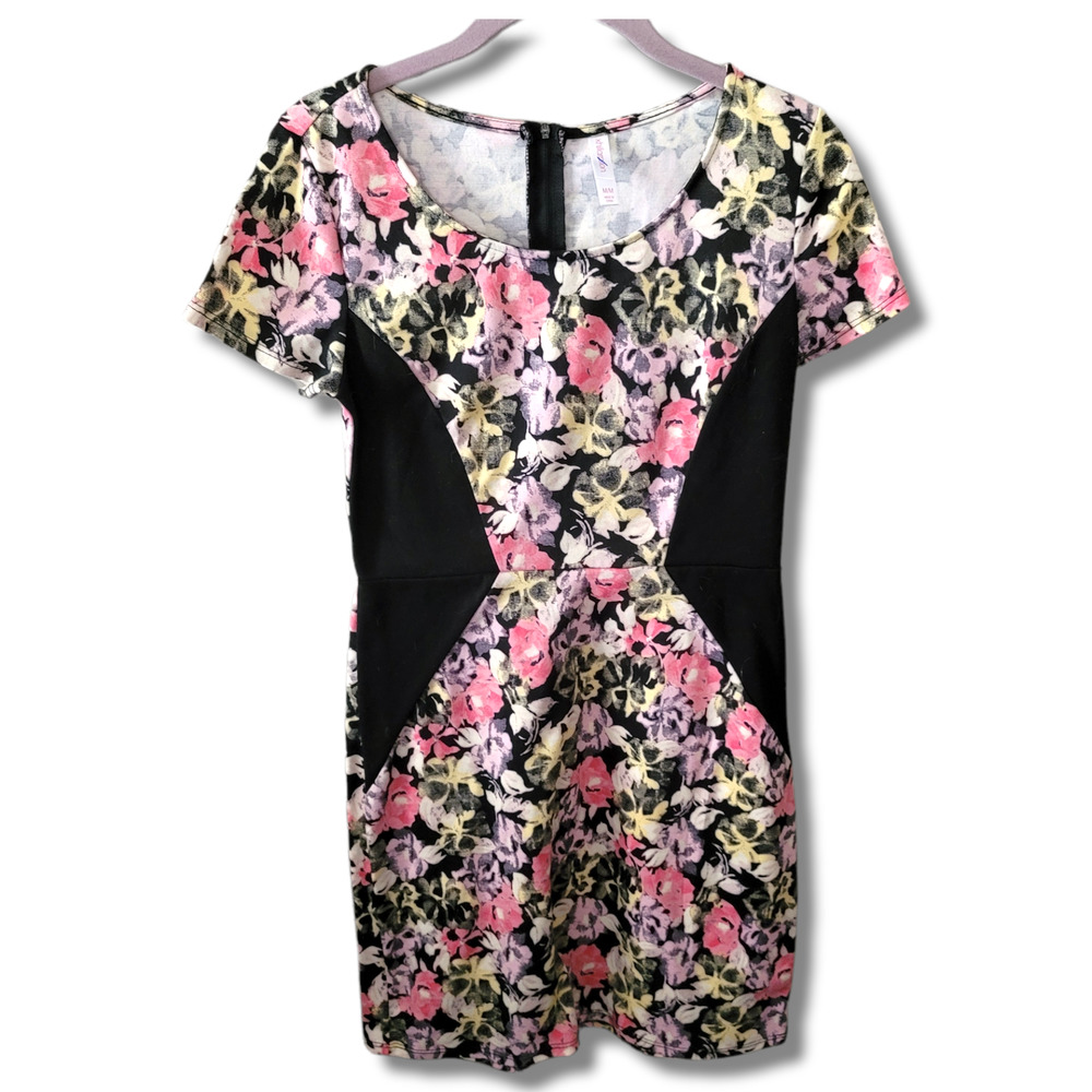 Vintage Pink Black Fairy Grunge Dress 90s Floral short sleeve midi dress M